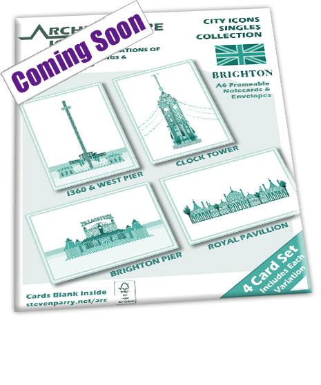Singles Brighton - 4  Card Set £11.99 Includes I360 & West Pier, Brighton Clock Tower, Brighton Palace Pier, Royal Pavillion Cards